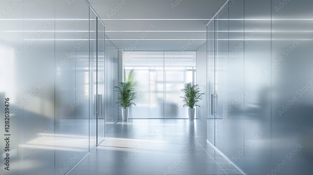 A bright and spacious modern office with glass walls and indoor plants. A bright and spacious modern office with glass walls and indoor plants.