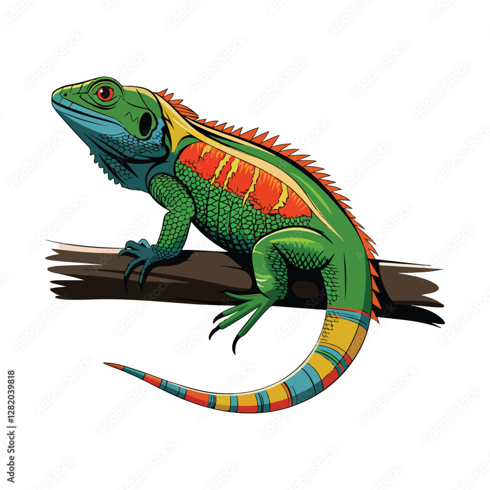 Fototapeta premium A vector illustration of a chameleon with a vibrant, bold color pattern. The chameleon is perched