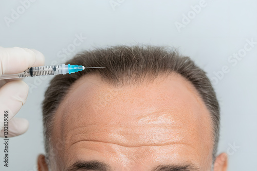 Hair Restoration Procedure: A gloved hand injects a solution into the scalp of a man with thinning hair, aiming to stimulate growth. photo