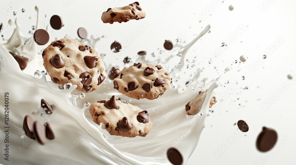 Fototapeta premium Sweet Symphony: A delicious dance of chocolate chip cookies amidst a splash of creamy delight. capturing the essence of a perfect snack or a moment of indulgence.