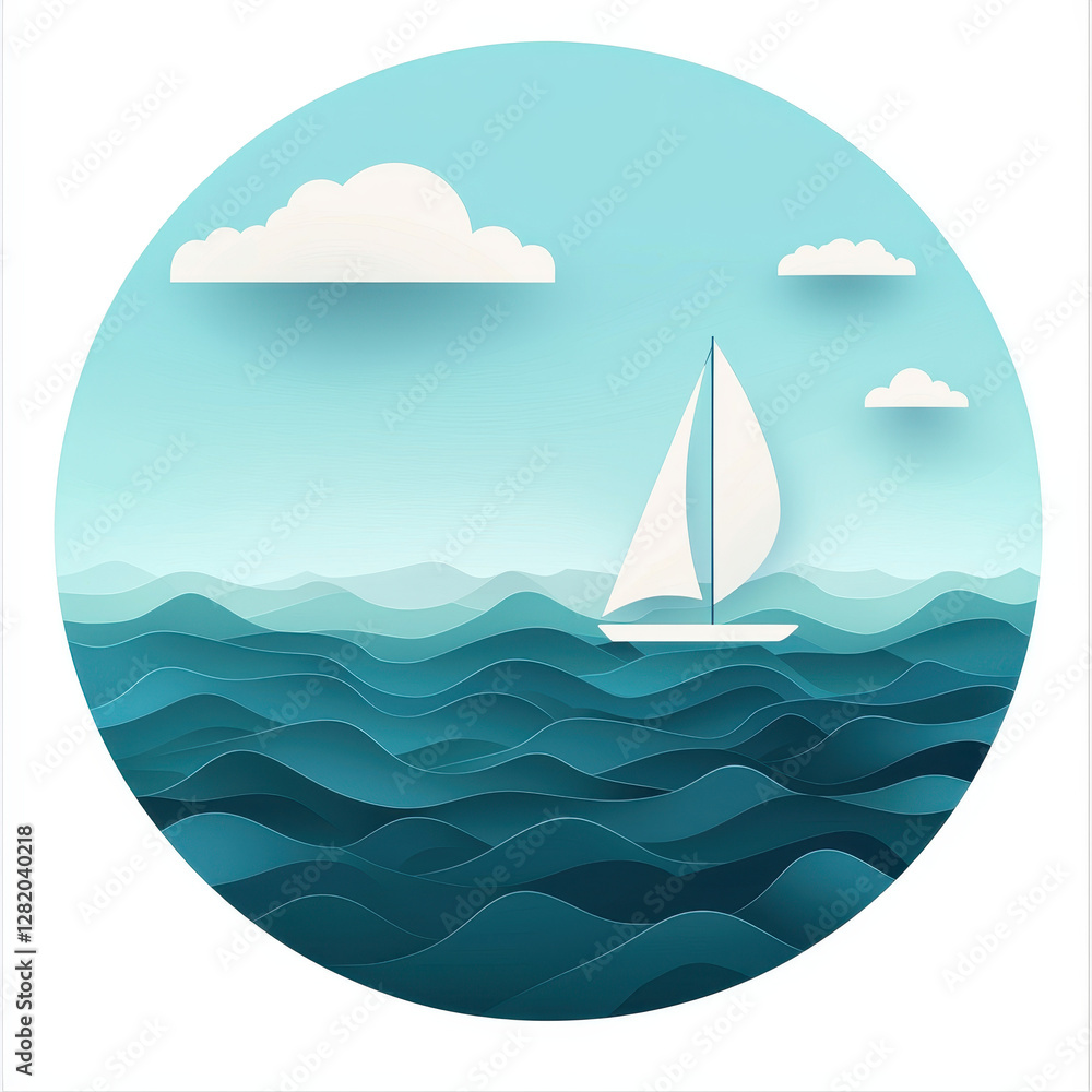 Fototapeta premium Tranquil Sailing Scene with Paper Cut Waves and Clouds in Blue