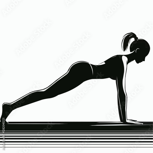 Fitness woman performing plank pose in a sleek black and white design  