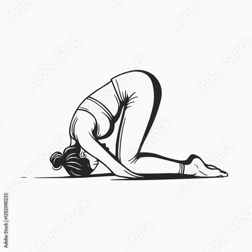 Yoga woman practicing forward bend pose in a graceful black and white illustration  
