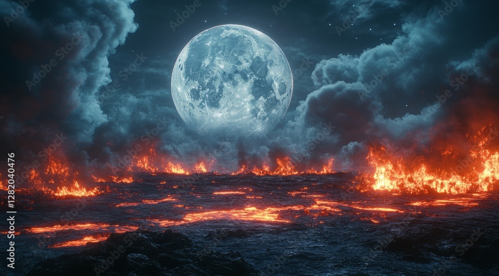 Naklejka premium Mysterious Cosmic Moon Over a Barren Land