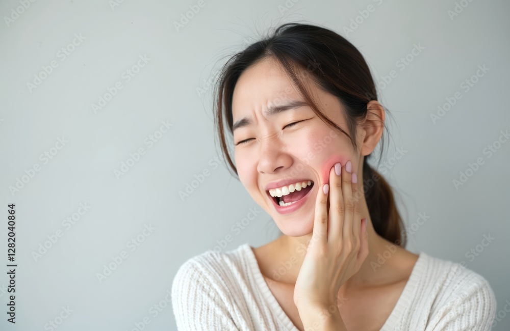 Asian woman suffers from toothache due to tooth decay, gingivitis. Girl experiences sensitive teeth discomfort, health problems. Touching cheek. Oral hygiene instruction, dental treatment, care. Asian woman suffers from toothache due to tooth decay, gingivitis. Girl experiences sensitive teeth discomfort, health problems. Touching cheek. Oral hygiene instruction, dental treatment, care.