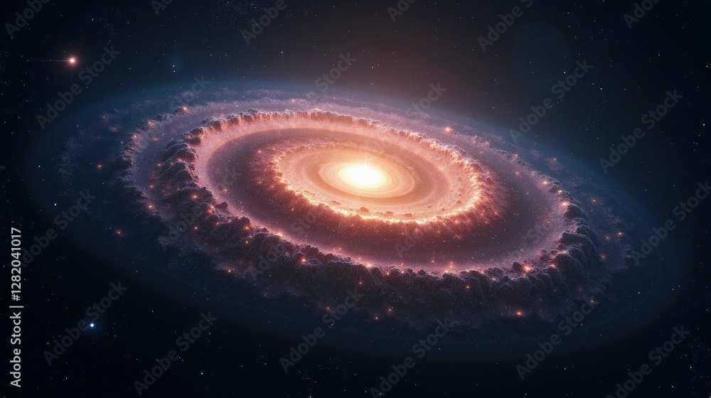 A luminous ring galaxy floating in the endless void, its glowing outer rim shimmering with countless stars, a hypnotic blend of cosmic dust and nebular brilliance. A luminous ring galaxy floating in the endless void, its glowing outer rim shimmering with countless stars, a hypnotic blend of cosmic dust and nebular brilliance.