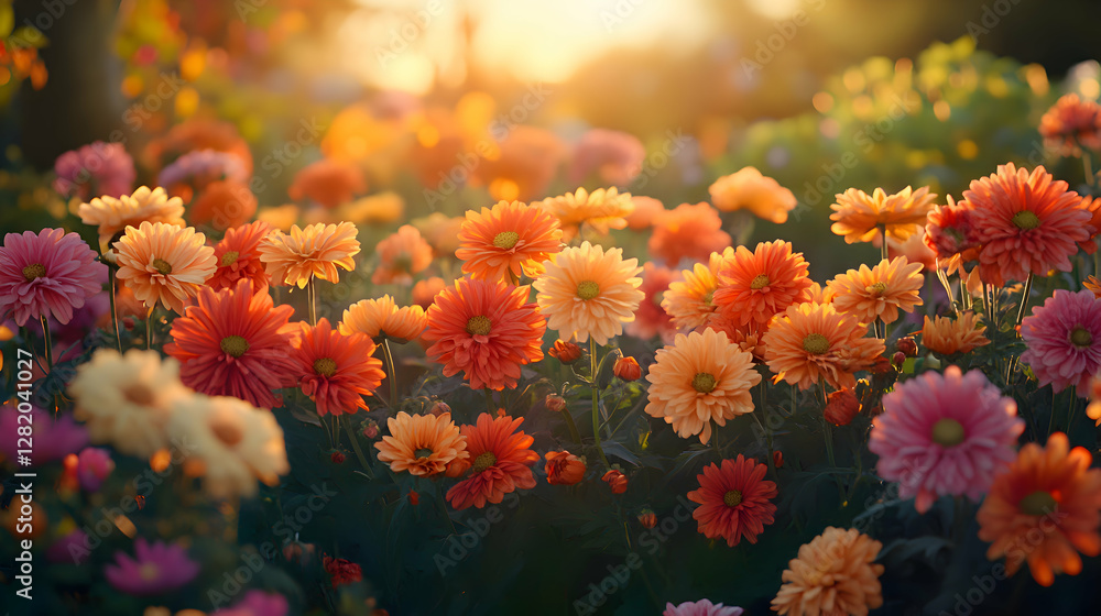 A lush garden filled with vibrant orange and red chrysanthemums in full bloom, bathed in soft natural light A lush garden filled with vibrant orange and red chrysanthemums in full bloom, bathed in soft natural light