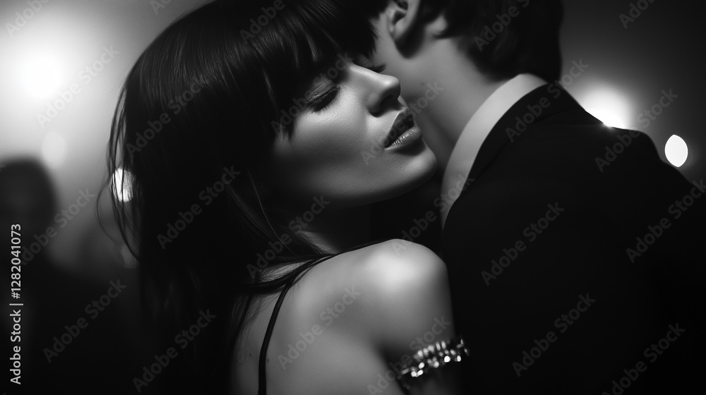 Whispers of Affection: Intimate monochrome shot of a woman leaning into a man whispering secrets at a dimly lit event, evoking passion and secrecy.