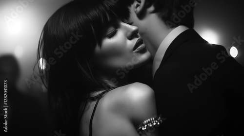 Obraz na płótnie Whispers of Affection: Intimate monochrome shot of a woman leaning into a man whispering secrets at a dimly lit event, evoking passion and secrecy. w salonie