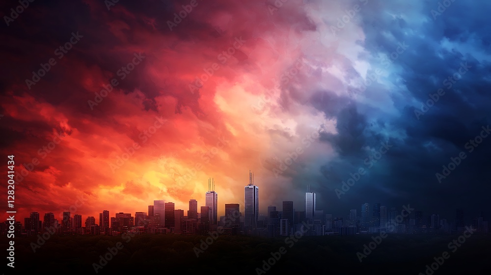 Dramatic skyline at sunset with vibrant clouds and city silhouette, evoking urban energy Dramatic skyline at sunset with vibrant clouds and city silhouette, evoking urban energy