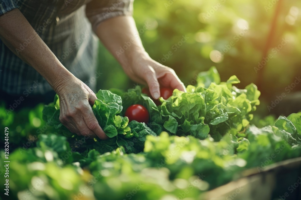 A person's hands carefully harvesting ripe red tomatoes and lush green lettuce from a garden. A person's hands carefully harvesting ripe red tomatoes and lush green lettuce from a garden.