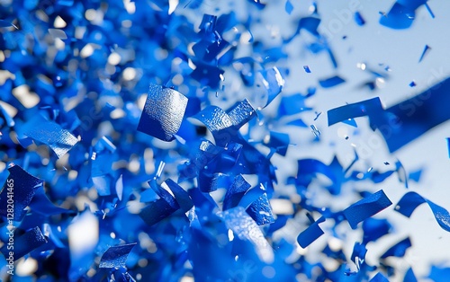 Blue confetti explosion against a bright sky