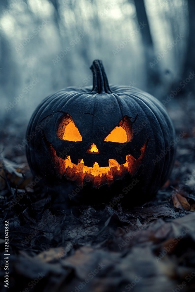Scary halloween pumpkin glowing in a spooky forest at night Scary halloween pumpkin glowing in a spooky forest at night