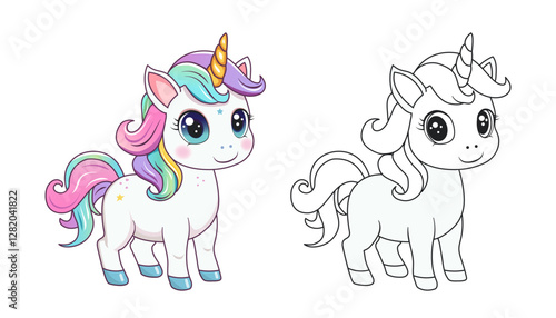 Coloring book for kids cute unicorn.  A magic pony with a horn.  A fabulous horse. A hand-drawn vector illustration.