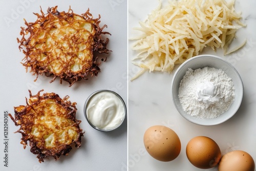 Delicious potato latkes served with sour cream alongside fresh ingredients for the perfect holiday recipe photo