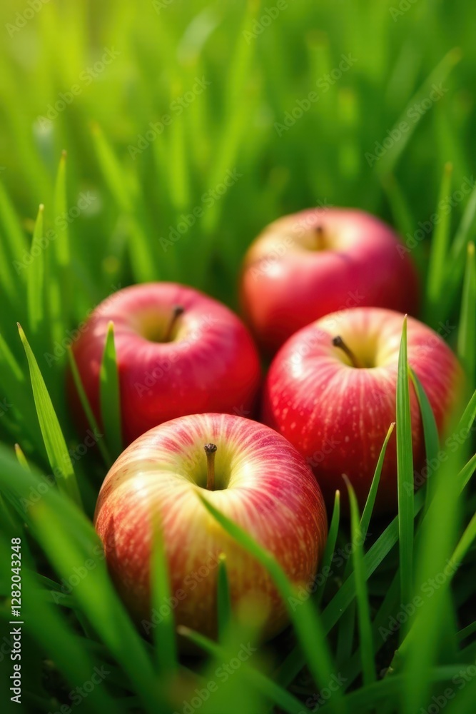 Several juicy organic apples nestled amongst tall blades of summer grass , closeup, harvest Several juicy organic apples nestled amongst tall blades of summer grass , closeup, harvest