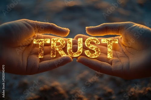 Glowing word TRUST held gently in two hands, symbolizing faith and confidence.