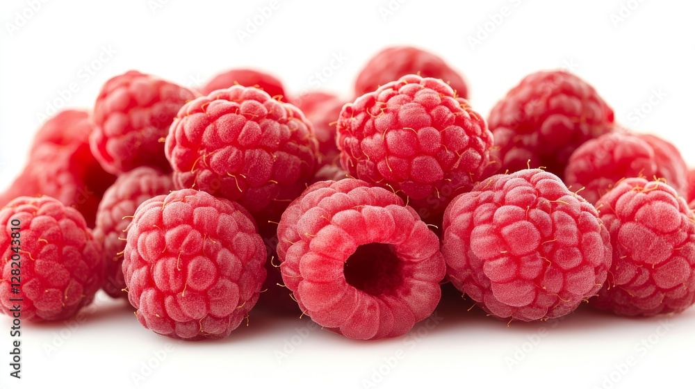 A stack of fresh raspberries adorned with a lively green leaf A stack of fresh raspberries adorned with a lively green leaf