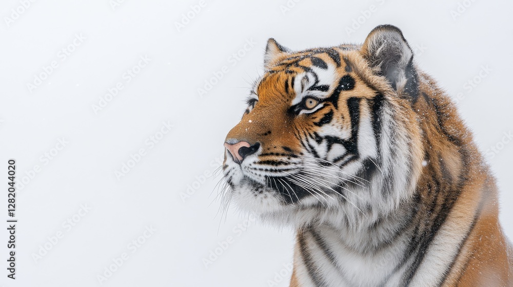 Fototapeta premium A powerful tiger in side profile, isolated on white, displaying its majestic features