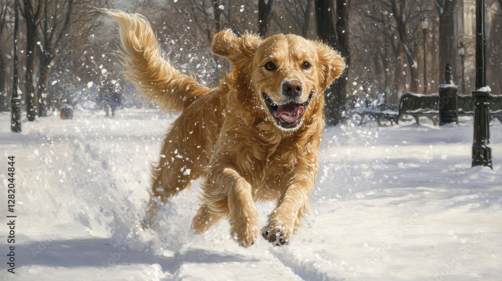 Golden Retriever Running Joyfully Through Snowy Park Golden Retriever Running Joyfully Through Snowy Park