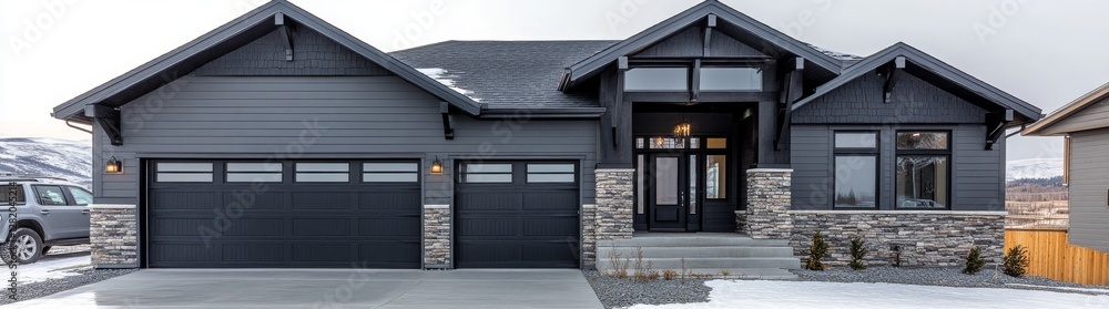 A spacious home featuring a black garage door and a black roof, encircled by a vibrant green lawn, with a driveway approaching the entrance A spacious home featuring a black garage door and a black roof, encircled by a vibrant green lawn, with a driveway approaching the entrance