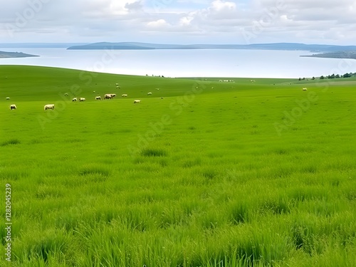 Green pasture with lake backgrounds landscape grassland. photo