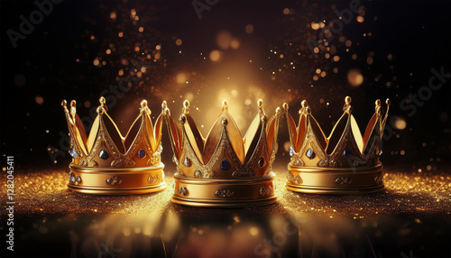epiphany day or dia de reyes magos concept three gold crowns on black background with golden particles