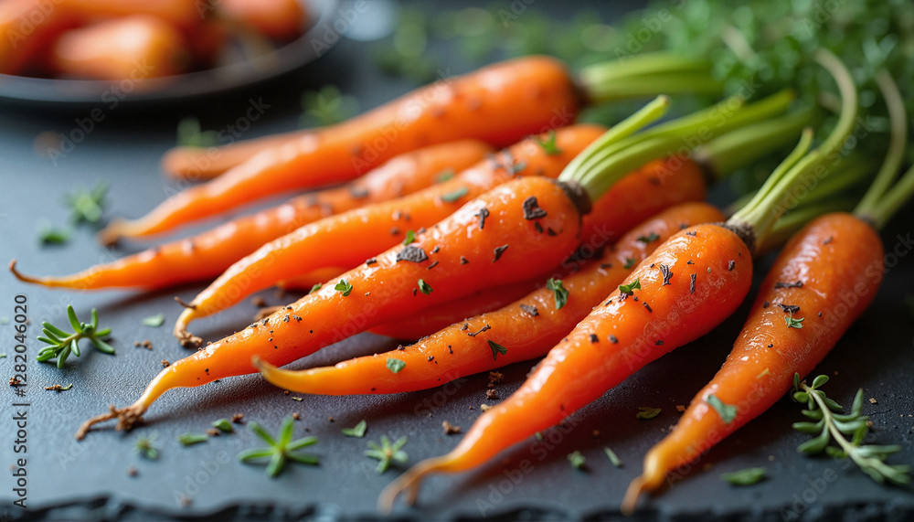Herb-roasted baby carrots with thyme sprigs on a granite slab for stylish dining setup Herb-roasted baby carrots with thyme sprigs on a granite slab for stylish dining setup