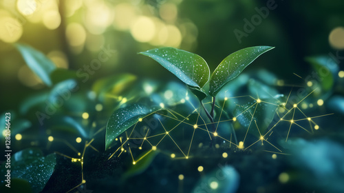 Growth and Connection: A vibrant sprout, representing growth and sustainability, is interwoven with a network of interconnected nodes, symbolizing the convergence of nature and technological progress.