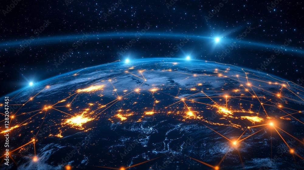The world displays a network of global connections and the lights of its cities The world displays a network of global connections and the lights of its cities