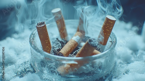 Smokers' ashtray, smoking cessation, indoor, smoke billowing in the background photo