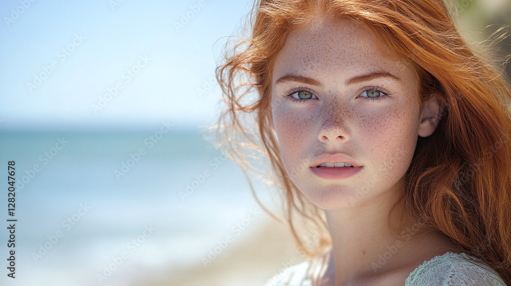 Portrait of a beautiful young model with red hair on the beach. Portrait of a beautiful young model with red hair on the beach.