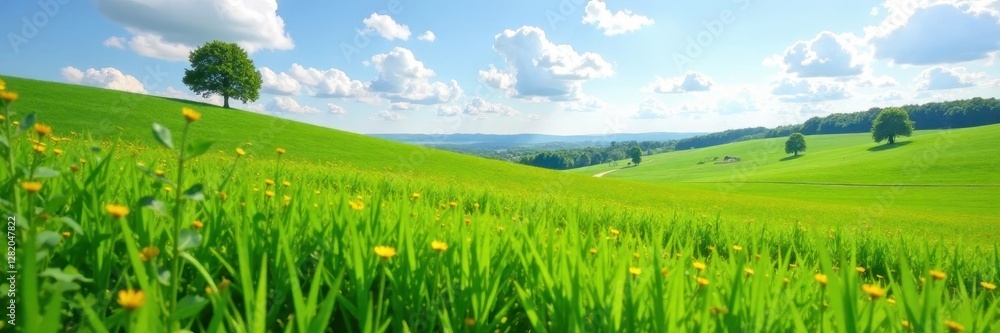 Naklejka premium Landscape of Torilis arvensis in a green meadow, grasslands, natural scenery