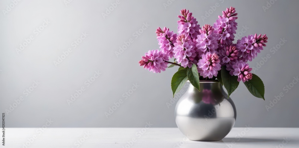 Lilac stems and flowers placed in a elegant silver vase, lilac, modern, silver Lilac stems and flowers placed in a elegant silver vase, lilac, modern, silver