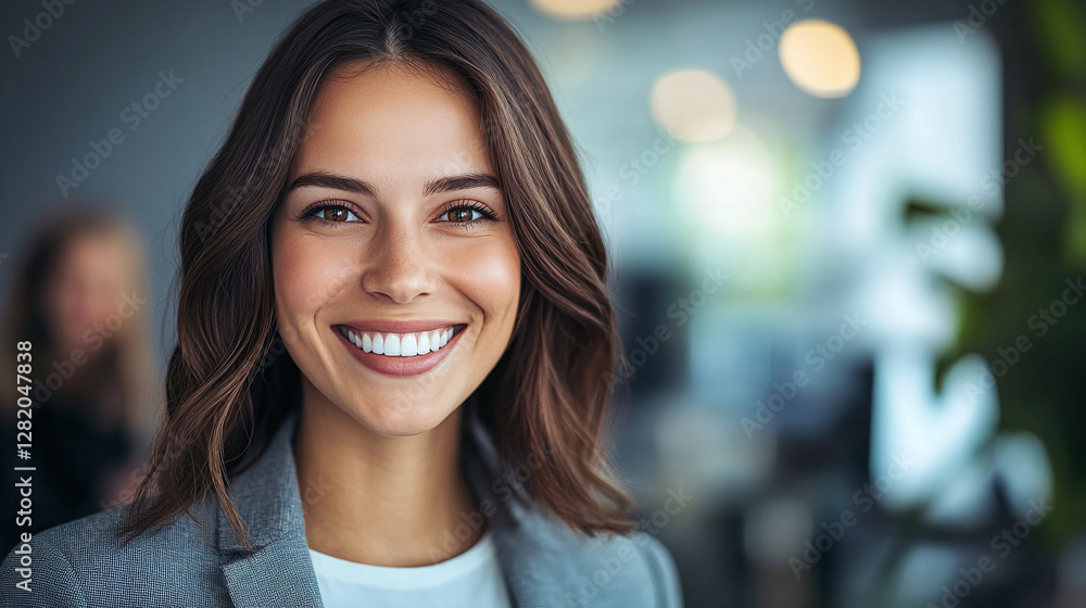 Portrait of a happy smiling business woman with brown hair in the office wearing a suit. Portrait of a happy smiling business woman with brown hair in the office wearing a suit.