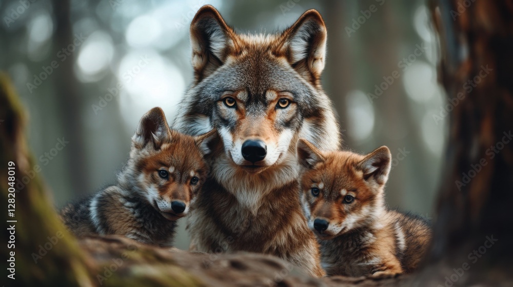 Predator family wolf protecting its offspring, strong and alert mother, deep wilderness, misty and cinematic background Predator family wolf protecting its offspring, strong and alert mother, deep wilderness, misty and cinematic background
