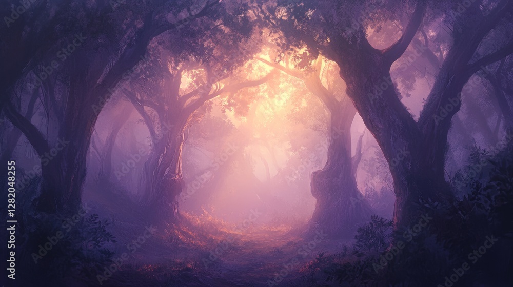 Misty forest background with glowing sunlight piercing through ancient trees, ethereal and peaceful, soft and mysterious atmosphere Misty forest background with glowing sunlight piercing through ancient trees, ethereal and peaceful, soft and mysterious atmosphere