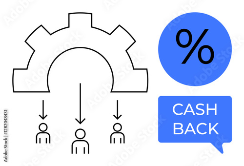 Gear distributing resources to three stick figures, symbolizing a cash back mechanism. Highlighting percentage and cash back text. Ideal for finance, rewards, savings, marketing, customer loyalty