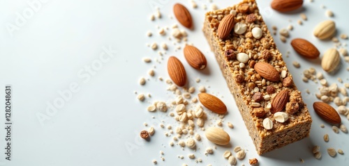 Close-up of energy bar with seeds, cereals, grains, nuts and almond scattered around on white background. Healthy wholesome snack rich in nutrients, vegan diet. Balanced alimentary food.