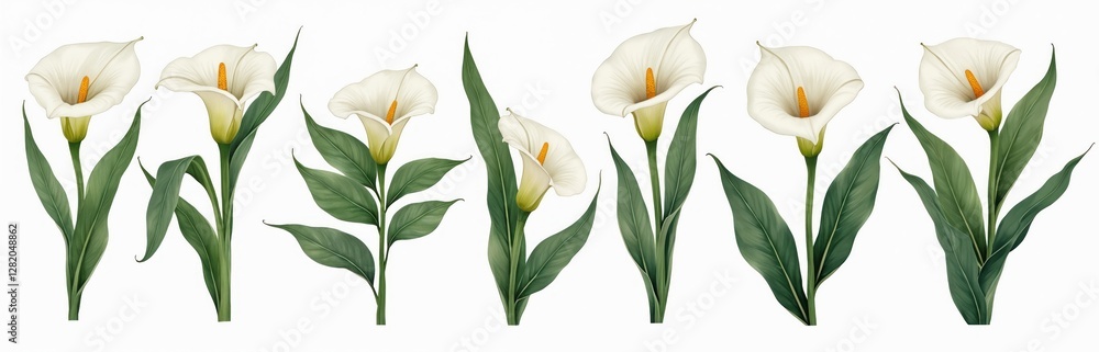 Obraz premium Watercolor set of Calla Lily flowers isolated on white background. Botanical floral design elements. White lilly flowers with green leaves. Summer blossom bouquet. Wedding invitation card design.