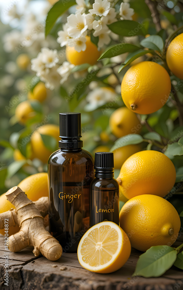 lemon and ginger essential oil bottles against lemon garden. Ai generated