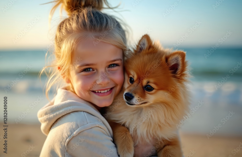 Girl with blond hair hugs pomeranian dog with golden fur on seashore. Smiling kid with puppy cuddling at the beach on sunny day. Child love pet, animal care, true friendship. Girl with blond hair hugs pomeranian dog with golden fur on seashore. Smiling kid with puppy cuddling at the beach on sunny day. Child love pet, animal care, true friendship.
