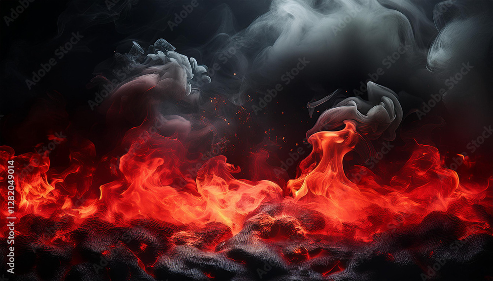 Fototapeta premium dramatic black and red smoke with glowing embers on a dark background