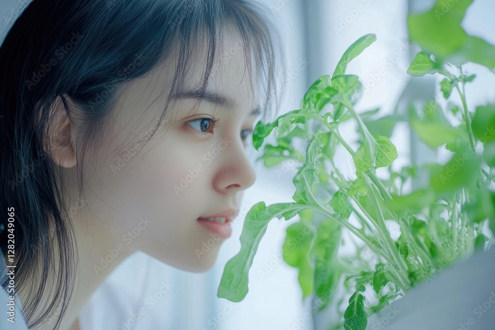 A young woman with dark hair gazes intently at a vibrant green plant, a serene moment captured. A young woman with dark hair gazes intently at a vibrant green plant, a serene moment captured.