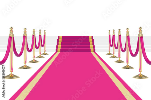 Pink yellow carpet with stairs, podium, red ropes and golden stanchions. Vector illustration.