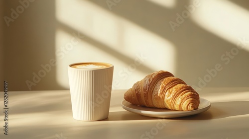 An elegant food photography shot of a warm coffee cup beside a perfectly crisp croissant