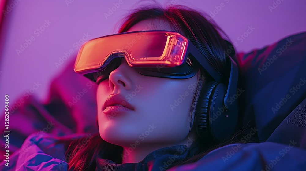 At night, in a dimly lit room, someone drifts off to sleep with headphones on, deeply engaged in virtual reality At night, in a dimly lit room, someone drifts off to sleep with headphones on, deeply engaged in virtual reality