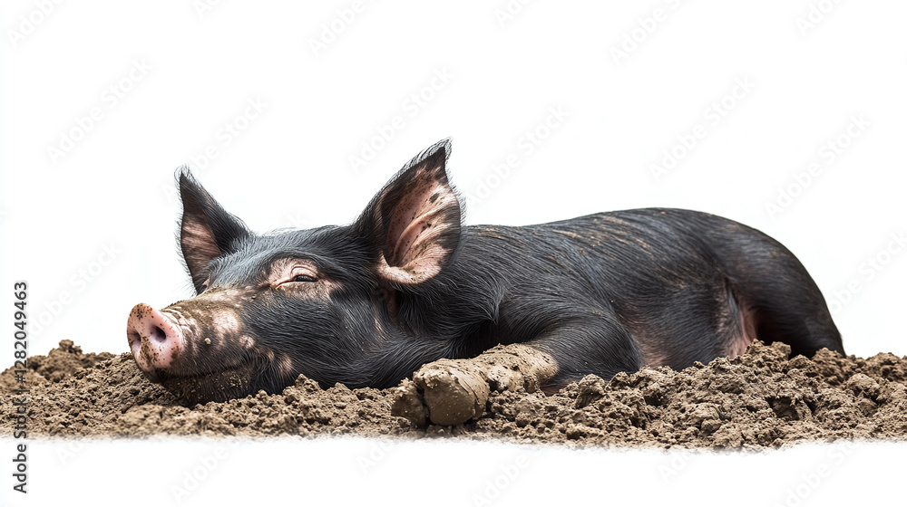Black domestic pig lying in the dirt isolated on a white background , farm animal. Black domestic pig lying in the dirt isolated on a white background , farm animal.