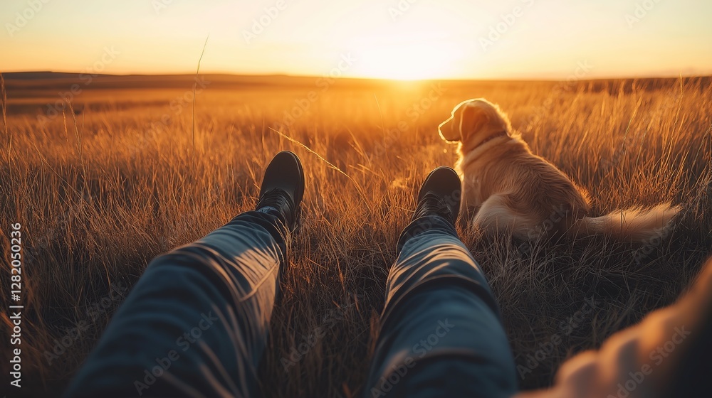 Traveler and Dog Relaxing in Grass at Sunset – Warm, Minimalist Portrait Traveler and Dog Relaxing in Grass at Sunset – Warm, Minimalist Portrait