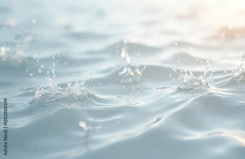 Desaturated clear calm water surface texture with water splashes. Abstract nature background of white-grey water waves in sunlight. Copy space. Cosmetic moisturizer, micellar toner emulsion for Desaturated clear calm water surface texture with water splashes. Abstract nature background of white-grey water waves in sunlight. Copy space. Cosmetic moisturizer, micellar toner emulsion for